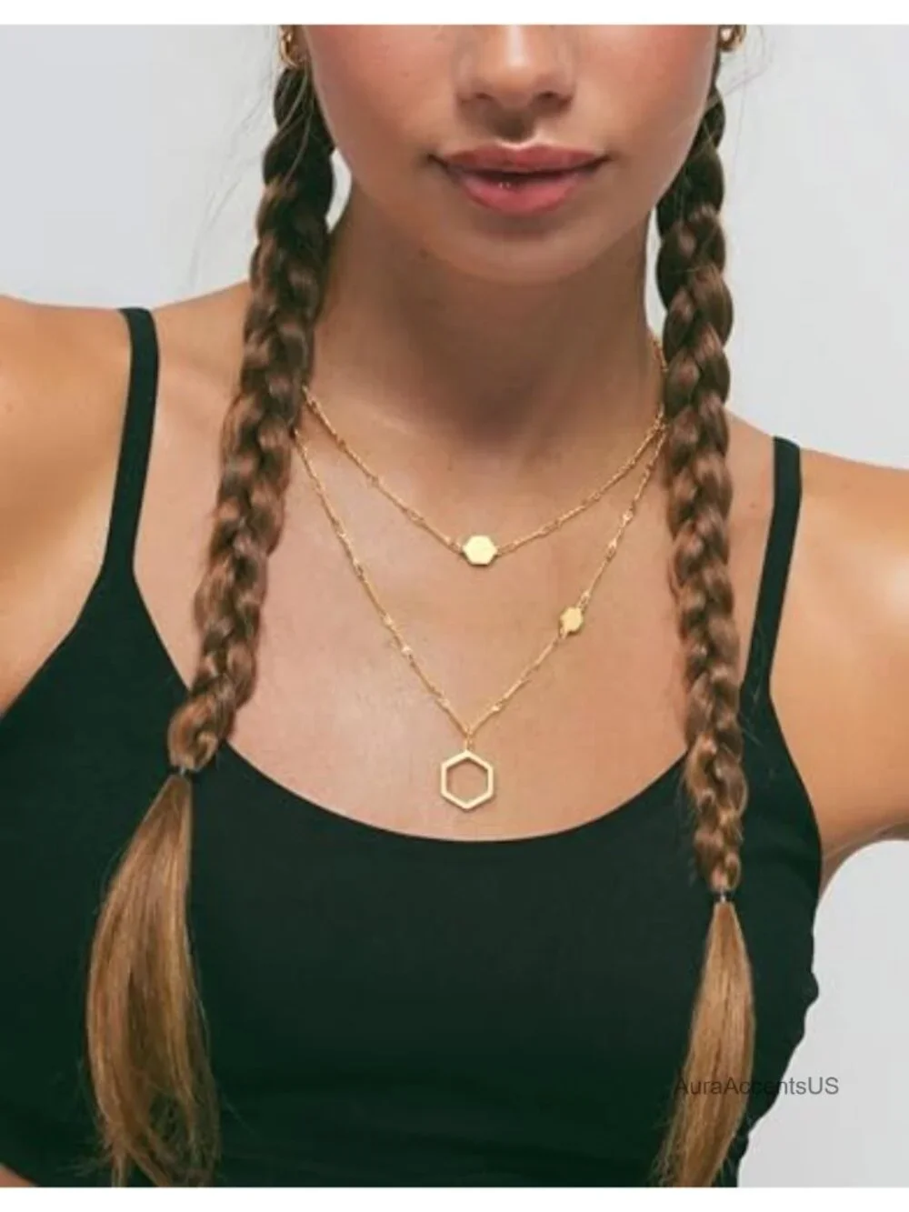Layered Honeycomb Necklace Set 16K Gold Plated Stackable Dainty Pendant